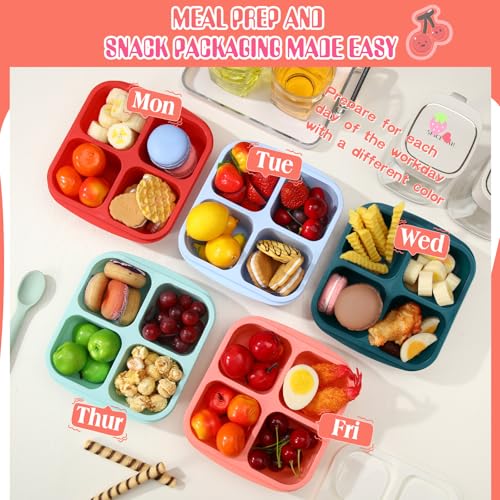 Honeydak 5 Pack Snack Containers 4 Compartment Bento Snack Boxes Reusable Lunchable Containers with Lids Divided Meal Prep Lunch Food Storage Box for School Work Travel(Melon,Equal) - color: Melon, style: Equal