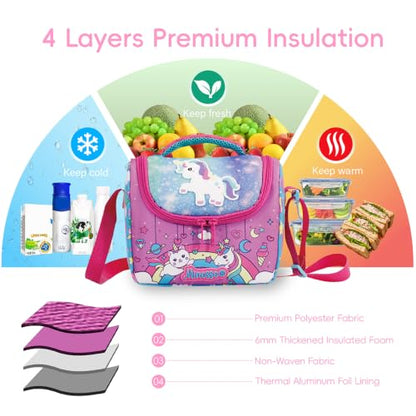 Insulated Lunch Bag for Kids Soft Bag Washable with Strap Reusable Toddler Lunch box School Supplies Food Carrier Snacks Picnic(Multi) - color: Pink