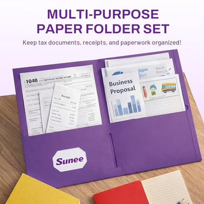 SUNEE Folders with Pockets, 50 Pack File Folders with Business Card Slot, Textured Paper, Fit Letter Size Paper, Paper File Folder for School Office Home Business, Purple - color: Purple