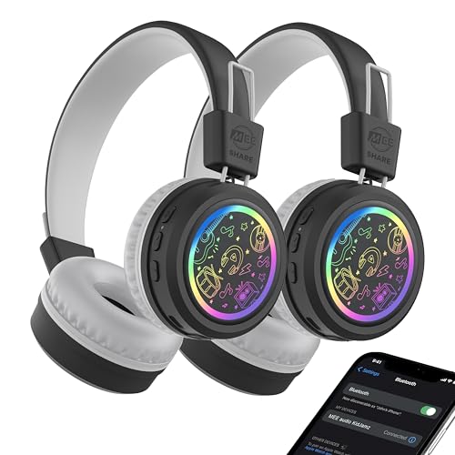 MEE audio KidJamz Share Bluetooth Headphones for Kids with LED Lights, 85dB Volume Limiter, Microphone, 40h Battery; Childrens Headset for School/iPhone/iPad/Tablet (Model: KJ55BT-S, 2-Pack) - color: Black, style: Share (2-Pack)