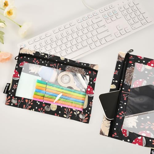 Fustylead Cute Hedgehogs and Mushrooms Pencil Pouch Fits Standard 3-Ring Binders, Zipper Binder Pencil Bag with Clear Window for Office School Cosmetic 2 Pack - color: Black02
