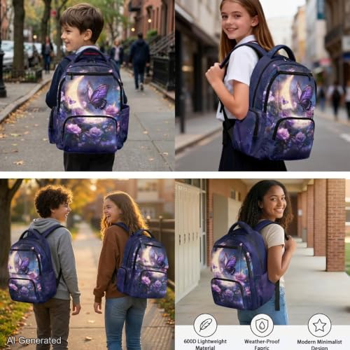 Floral Butterfly Backpack for Girls Boys Backpack with Lunch Box Water Bottle Pouch and Soft Pencil Case 4PCS Set Cute Bookbag with Side Pocket 17" Large School Bag Kids Back to School Gifts - color: Floral Butterfly