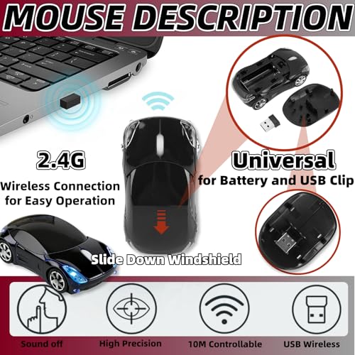 Black Wireless Mouse，Mini Car Computer Mouse，1600DPI 2.4G with USB Receiver, Ergonomic Cute Computer Mice for Laptop, PC, Windows, Mac OS (Black) - color: Black