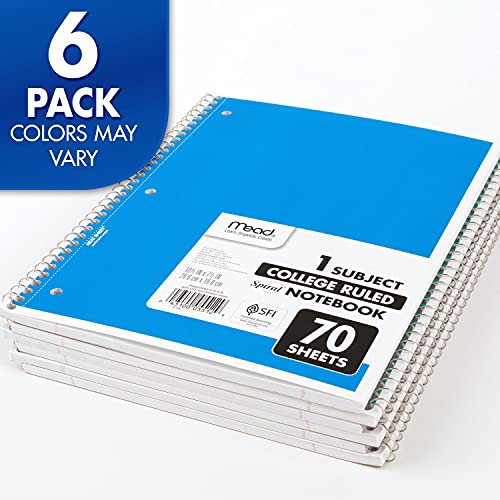 Mead Spiral Notebook, 1 Subject, College Ruled Paper, 7-1/2" x 10-1/2", 70 Sheets per Notebook, Colors Will Vary (73065) (Pack of 24) - size: Pack of 24