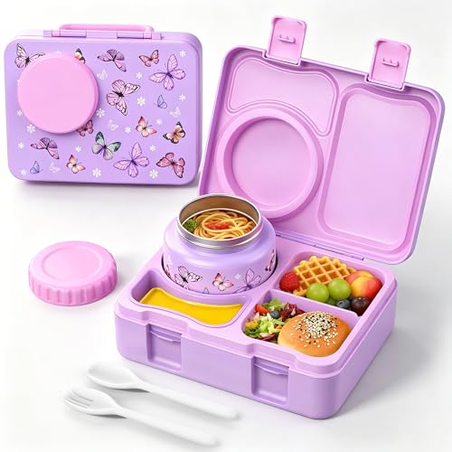 Kids Lunch Box with Thermo, Leakproof Bento Box for Kids with 8OZ Insulated Food Jar, Ice Pack, Sauce Cup, Utensils, Removable Tray & Dividers for School Daycare Travel (Butterflies) - color: Butterflies