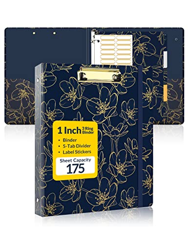 SUNEE 1 Inch Binder with Dividers, Three Ring Binder Organizer with Clipboard, 5 Tab Dividers, 18 Labels and 2 Pockets, Letter Size for School and Office Supplies,Gold Rose on Navy Design - color: Gold Rose on Blue Design, size: 1 in, style: Binder with C