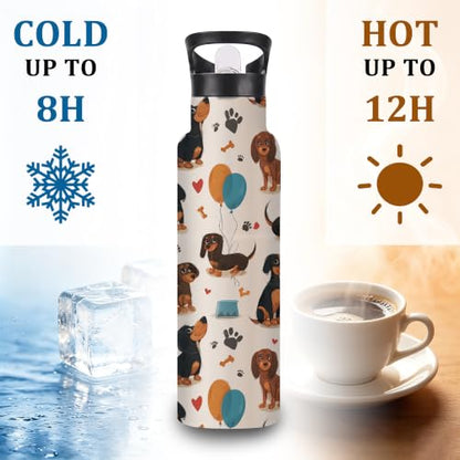 Insulated Water Bottle,Dachshund Dog 20 oz Stainless Steel Water Bottles with Straw Lid,Paw Print Leak Resistant Double Insulated Flask with Handle,Fits Cup Holder,Keeps Drinks Cold - color: Dachshund Dog,Paw Print