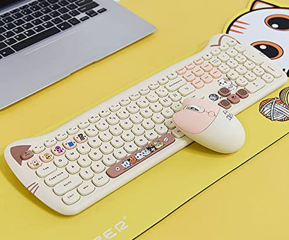Cute Cat 2.4G USB Wireless Keyboard and Mouse Combo, Silent Keys, Candy Colors, Compatible with Notebook, PC (MilkTea-110Keys) - color: MilkTea-110Keys