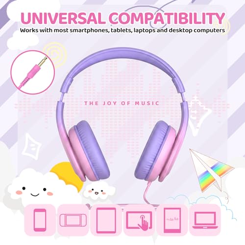 JoySpark Kids Headphones, Over-Ear Wired Headphones for Kids, 85dBA Volume Limited, Foldable Stereo Sound Toddler Headsets, 3.5mm Jack for School Entertainment, Gradient Pink - color: Gradient Pink