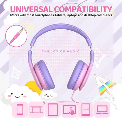 JoySpark Kids Headphones, Over-Ear Wired Headphones for Kids, 85dBA Volume Limited, Foldable Stereo Sound Toddler Headsets, 3.5mm Jack for School Entertainment, Gradient Pink - color: Gradient Pink