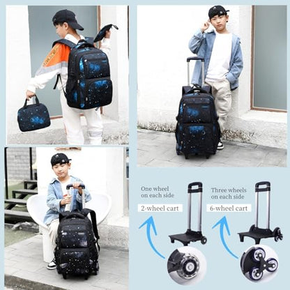 Boys Rolling Backpacks Kids'Luggage Wheeled Backpack for School Kids Trolley Bags Space-Galaxy Roller Bookbag on 2 Wheels - color: Black Blue-starry Sky, style: 2 Wheels+backpack