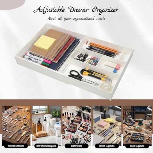 Yalikop Plastic Desk Drawer Organizer 12 x 20 Inch Large White Expandable Drawer Organizer Trays with Extendable Tray Adjustable Student Desk Organizing Tray for Makeup Office School Supplies