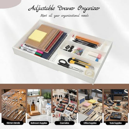 Yalikop Plastic Desk Drawer Organizer 12 x 20 Inch Large White Expandable Drawer Organizer Trays with Extendable Tray Adjustable Student Desk Organizing Tray for Makeup Office School Supplies