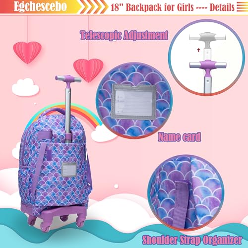 Kids Rolling Backpack for Girls Mermaids Suitcases Trolley Roller Luggage Backpacks with 360° Rotating Wheels 15" Laptop Lunch Box Pencil Case for Elementary 18" Travel School Bag Purple - color: Purple-yuwei-1220