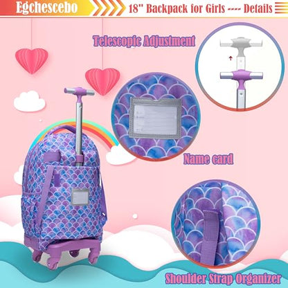 Kids Rolling Backpack for Girls Mermaids Suitcases Trolley Roller Luggage Backpacks with 360° Rotating Wheels 15" Laptop Lunch Box Pencil Case for Elementary 18" Travel School Bag Purple - color: Purple-yuwei-1220