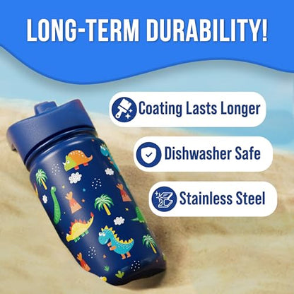 Klevly Stainless Steel 14 OZ Kids Water Bottle with Straw | BPA-Free Insulated Water Bottle with Leak-Proof Lid | Dinosaur Kids Water Bottle for School | Kids Stainless Steel Water Bottles - color: Dinosaur