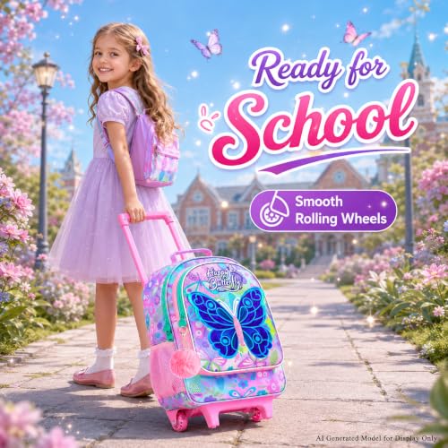 WZLVO 3PCS Roller Backpack for Girls, 18" Sparkling Butterfly Print Kids Rolling Backpack, Includes Matching Lunch Bag & Pencil Bag - Butterfly with Wings (Pink) - color: 3pcs Girls Rolling Backpack - Butterfly With Wings