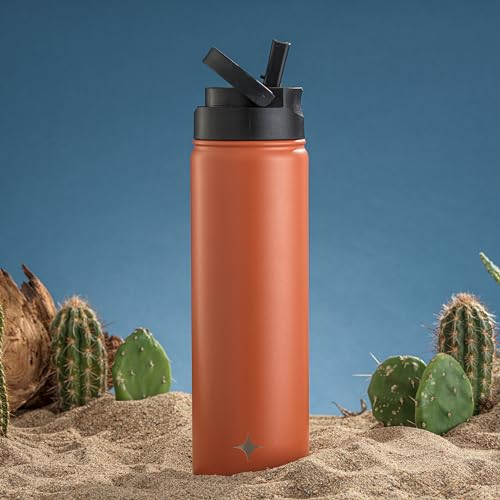 JoyJolt Triple Insulated Water Bottle with Straw Lid AND Flip Lid! 22oz Water Bottle, 12 Hour Hot/Cold Vacuum Insulated Stainless Steel Water Bottle. BPA-Free Leakproof Water Bottles - Thermos Bottle - color: Terracotta, size: 22 Ounces