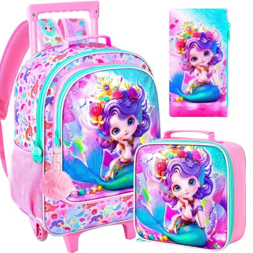 3Pcs Rolling Backpack for Girls, Kids Roller School Backpack with Wheels, Mermaid Wheeled Bookbag for Elementary Preschool Kindergarten(Pink) - color: Mermaid Pink