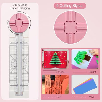 Paper Trimmer, 4 Styles Craft Paper Cutter Multi-Function Scrapbooking Tool for Cutting Paper Photos Scrapbook Postcard (Straight, Wave, Perforated and Creasing Lines) (Pink) - color: Pink