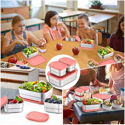 Homikit 3 Pack Kids Lunch Box Set, 18/10 Stainless Steel Bento Boxes with Silicone Lids Leak Proof, 5 Cups Reusable Metal Food Snack Containers for School Daycare, Nontoxic & Dishwasher Safe, Pink - color: Pink, size: Medium
