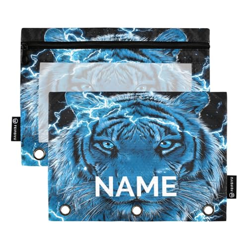 Custom Text Blue Lighting Tiger Pencil Pouch for 3 Ring Binder Personalized Text Photo Pencil Case Clear Window Pencils Bag for School Office 2 Packs - color: Custom Blue Lighting Tiger