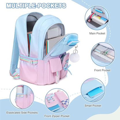 Scothen Backpack for Girls with Bento Lunch Box Set, School Bag Bookbag for Teens Girls Kids Student, 43oz Lunch Containers Lunchbox, Insulated Lunch Bag & Pencial Case, Back to School Gifts - color: Blue Pink