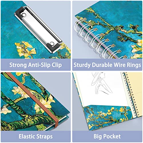 Rimilak Spiral Clipboard Folio with Refillable Lined Notepad, 14.5 x 9.8 in, Hardcover Cover with 5 Interior Pockets, Elastic Band and Pen Loop Series. Cute Stylish Clipfolio, Almond Tree - color: Almond Tree