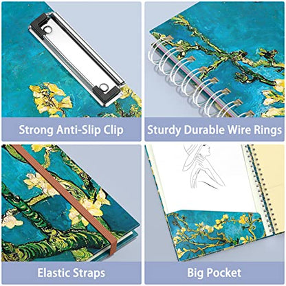 Rimilak Spiral Clipboard Folio with Refillable Lined Notepad, 14.5 x 9.8 in, Hardcover Cover with 5 Interior Pockets, Elastic Band and Pen Loop Series. Cute Stylish Clipfolio, Almond Tree - color: Almond Tree