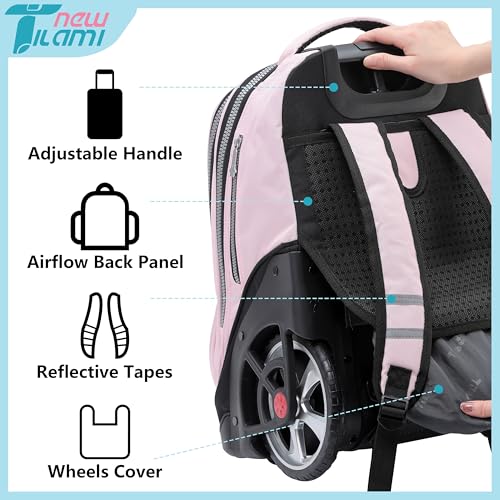 NEW TILAMI 19 inch Rolling Backpack Teens Rolling Backpack Cute Wheeled Laptop Backpack Bookbag Roller Travel Bag College, Flower Fairy (No USB interface) - color: Pink Flower Fairy