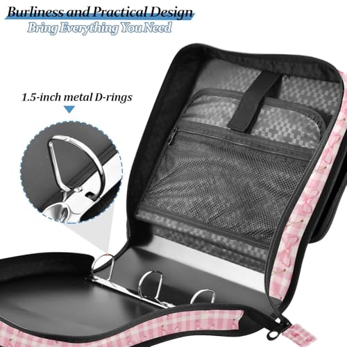 Cherry Checkered Zipper Binder 3 Ring 1.5 Inch Binder Organizer Bag 500 Sheets Capacity Multi-Pocket with Shoulder Strap for School Office