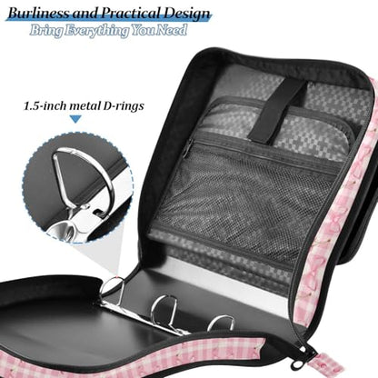 Cherry Checkered Zipper Binder 3 Ring 1.5 Inch Binder Organizer Bag 500 Sheets Capacity Multi-Pocket with Shoulder Strap for School Office