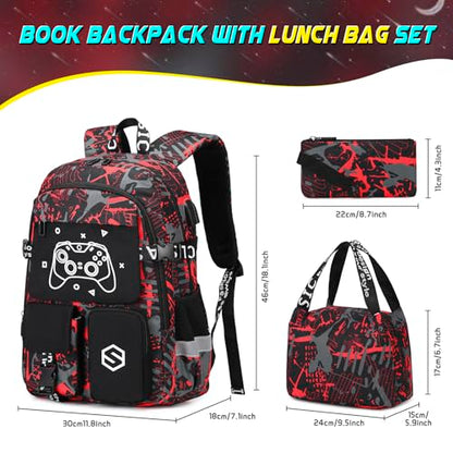 Scothen Boys Backpack, Cool Luminous School Backpacks for Boys with Lunch Bag Pencil Case, Kids Backpack Kindergarten Elementary Middle School Book Bags for Teen Boy Children with USB Charging Port - color: Black-red