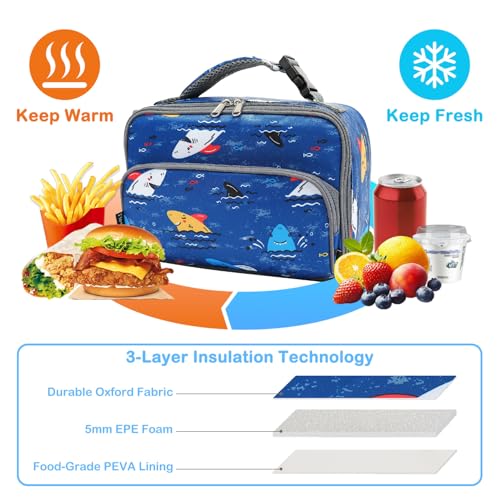 FlowFly Kids Lunch box Insulated Soft Bag Mini Cooler Back to School Thermal Meal Tote Kit for Girls, Boys, Colorful-Shark - color: Castle