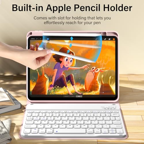 kenke for iPad 11/10th Gen Case with Keyboard 11/10.9 inch 2025 A16/2022, Detachable Wireless Bluetooth Keyboard Case with Bulit-in Pencil Holder, White Square Keycaps (Pink) - color: Pink