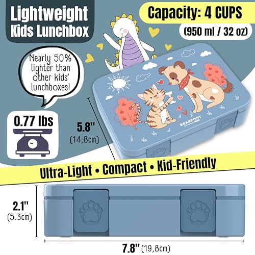 BEARFOOT Kids Lunch Box with Compartments – Compact & Lightweight | Leak-Proof, BPA-Free, Dishwasher Safe | Hand-Drawn Design for Preschool, School, Travel (Dog & Cat Blue, 4 Cups) | BPA Free Leakproof Lunch Box with Compartments School & Nursery for Girl