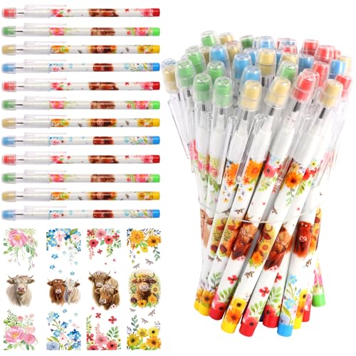 Kolewo4ever 48pcs HB Highland Cow Pencils Kawaii Cute Multipoint Pencil Push Translucent Non Sharpening Stackable Pencils Pop Up Plastic Pencil for Classroom Rewards Carnival Prizes (Highland Cow)