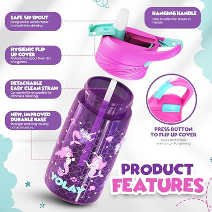 YOLAY 15oz Kids Water Bottle For School Boys and Girls, Durable Toddler Water Bottle with Straw Lid Leak-Proof, Spill Proof, Easy Clean and Dishwasher Safe with Re-Usable and BPA Free - Mermaid - color: Mermaid