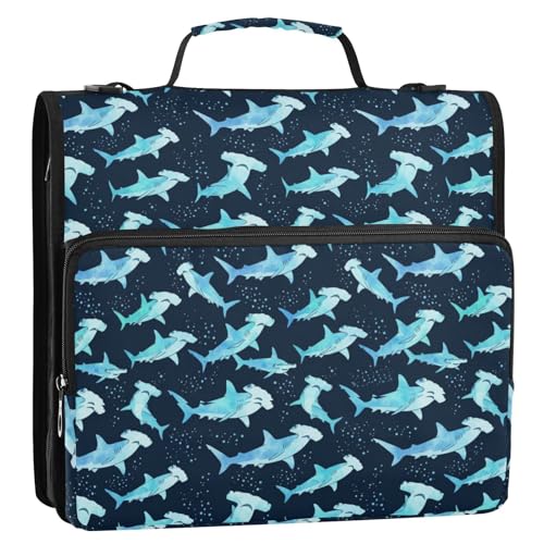 Hammerhead Shark 3 D-Ring 2 inch Zipper Binder Bag with Shoulder Strap, Multi-Pocket Portfolio Organizer Case for 13 Inch Laptop Middle School