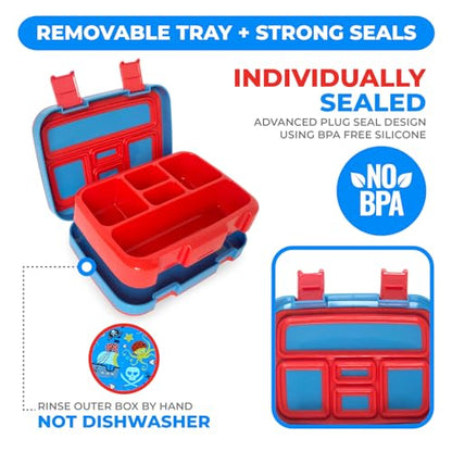 kinsho Bento Lunch Box for Kids Toddlers Boys, 5 Portion Sections Secure Lid, Microwave Safe BPA Free Removable Tray, Pre-School Kid Daycare Lunches Snack Container Ages 3 to 5, Blue Pirates - color: Blue Pirate Bento