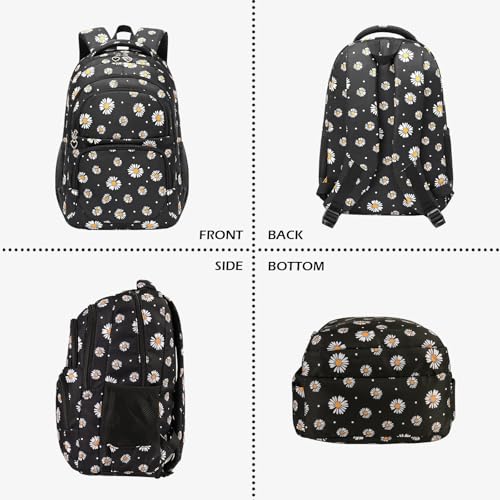 Glodwheat Daisy Printed Backpack For Girls- 3Pc Set With Lunch Box & Pencil Case, Lightweight Water-Resistant Bookbag For Elementary School - color: Black