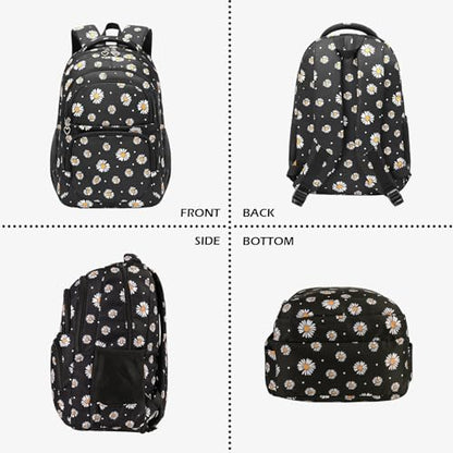 Glodwheat Daisy Printed Backpack For Girls- 3Pc Set With Lunch Box & Pencil Case, Lightweight Water-Resistant Bookbag For Elementary School - color: Black