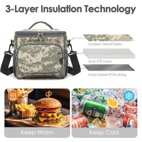 FlowFly Insulated Reusable Lunch Bag Adult Large Lunch Box for Women and Men with Adjustable Shoulder Strap,Front Zipper Pocket and Dual Large Mesh Side Pockets,DigitalCamo - color: DigitalCamo