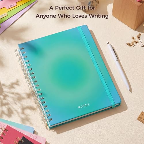 Hardcover Spiral Notebook Journal for Women & Men, Cute 5 Subject Notebook College Ruled for School & Work, Journaling Notebooks with Removable Dividers Tabs, 8" x 10", 300 Pages, Teal Gradient - color: Teal Gradient