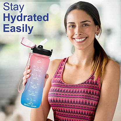 24 OZ Motivational Kids Water Bottle With Time Marker,Straw Lid,Leak Proof, Tritan BPA Free Sports Water Bottle Pink-Blue(1 Lid) - color: Pink Blue