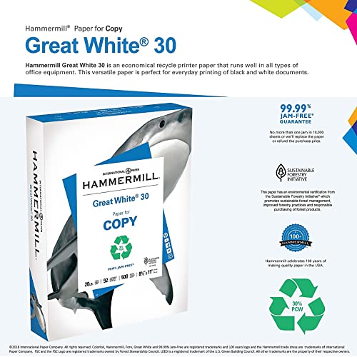 Hammermill Printer Paper, Great White 30% Recycled Paper, 3 Hole - 92 Bright, Made in the USA, 086702-1 Ream (500 Sheets) - size: 1 Ream | 500 Sheets, style: 3 Hole (8.5x11)