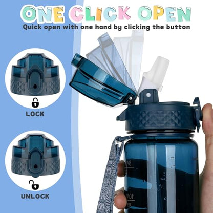OLDLEY 17oz Kids Water Bottle, Tritan BPA-Free, Leakproof Flip Straw Lid, Motivational Time Marker, Carry Strap, Reusable Clear Water Bottle for Boys & Girls,Slate Blue - color: Slate Blue, style: 17 Ounces