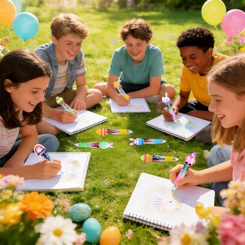 Vellibring 24PCS Easter Fun Pens Cute Multicolor Ballpoint Pens 4 Colors in 1 Kawaii Bunny Easter Egg Chicken Rainbows Gnome for Easter Party Favors Basket Stuffers School Supplies Students Rewards - style: Easter Eggs-24pcs