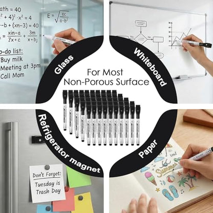 50 Pack Black Magnetic Dry Erase Markers, Fine Point Whiteboard Markers with Eraser Caps, Low Odor Bulk Set for Office, Home, and Planning Boards