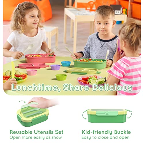 Bento Lunch Box Leakproof 44oz Kids Lunch Box Containers with 4 Compartment, Bento-Style Lunch Bento Box with Cutlery, Reusable Kid Back to School Meal/Snack Packing BPA Free (Green) - color: Green